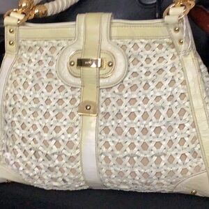 Vtg Rafe NY Vintage Silver Gold Leather Woven Design Handbag Magnetic Close